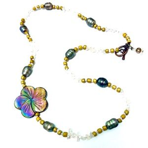 Rose Quartz Wood Hibiscus Artisan Crafted Necklace
